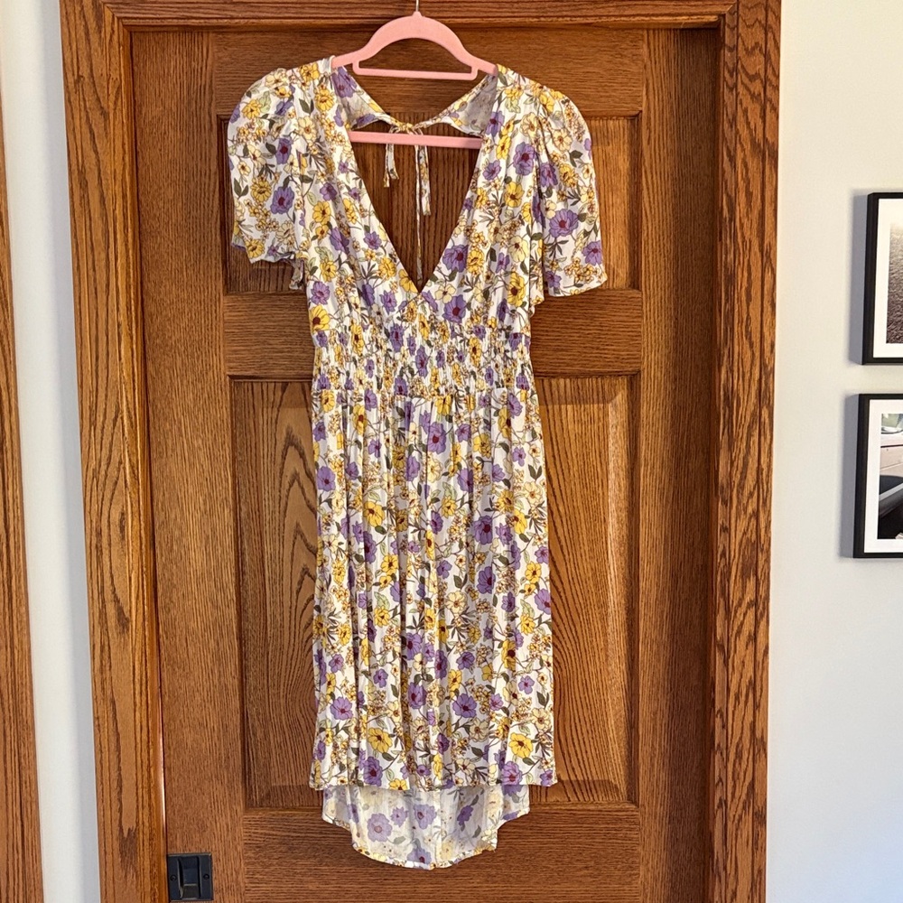 Floral V-Neck Dress - Purple and Yellow